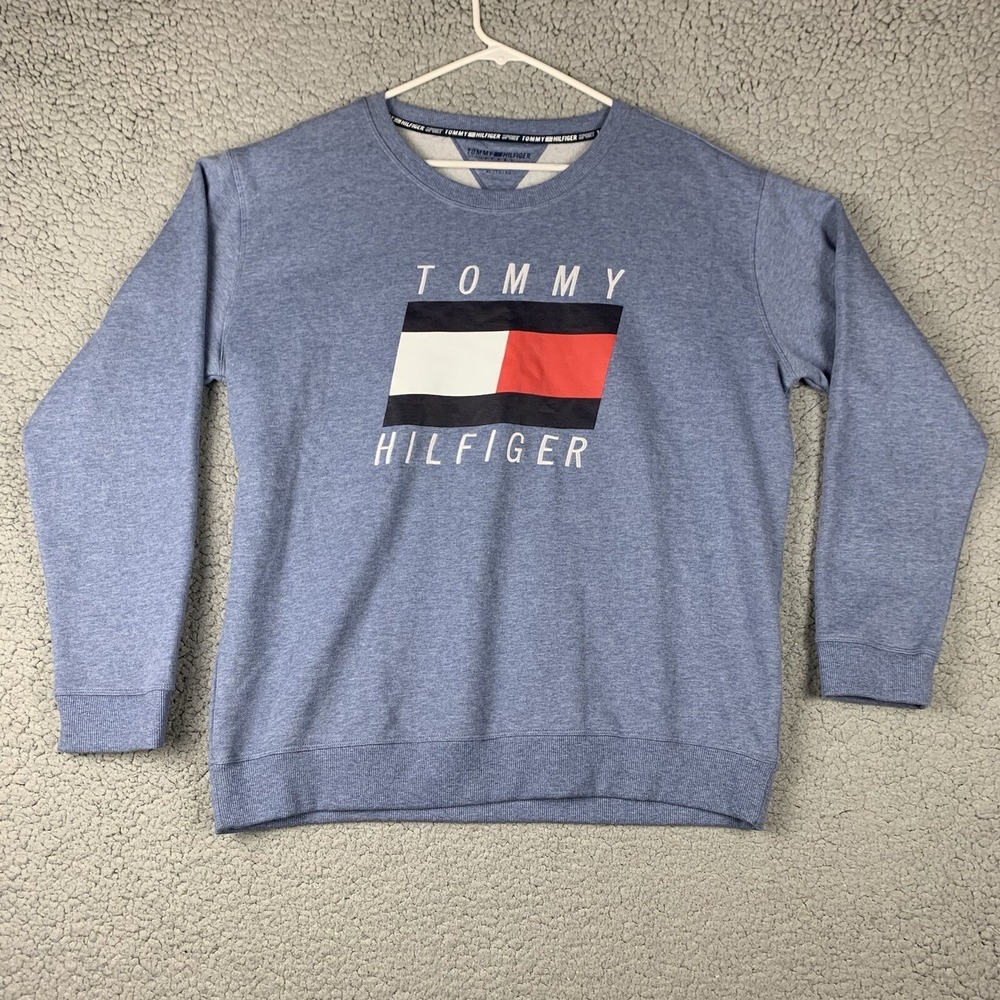 Tommy Hilfiger Sport‎ Flag Sweatshirt XL Crew Neck Pullover Blue Logo Steel Blue